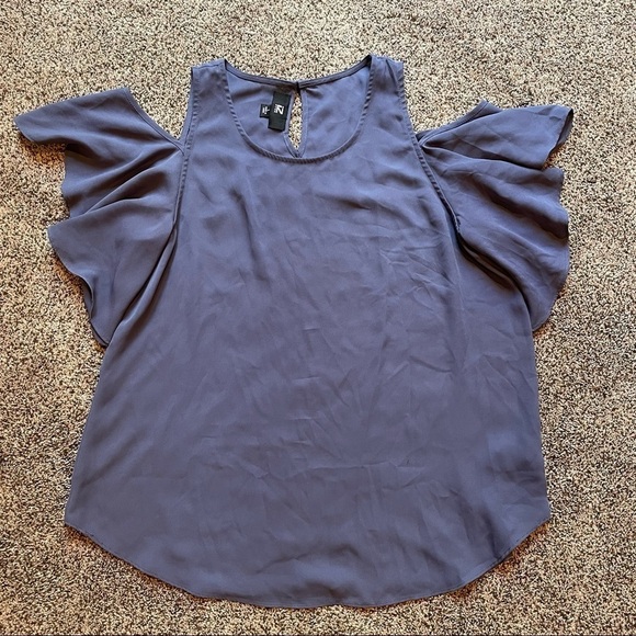 Iz Byer Blue Cold Shoulder Ruffle Sleeve Blouse Top Large - Picture 1 of 6